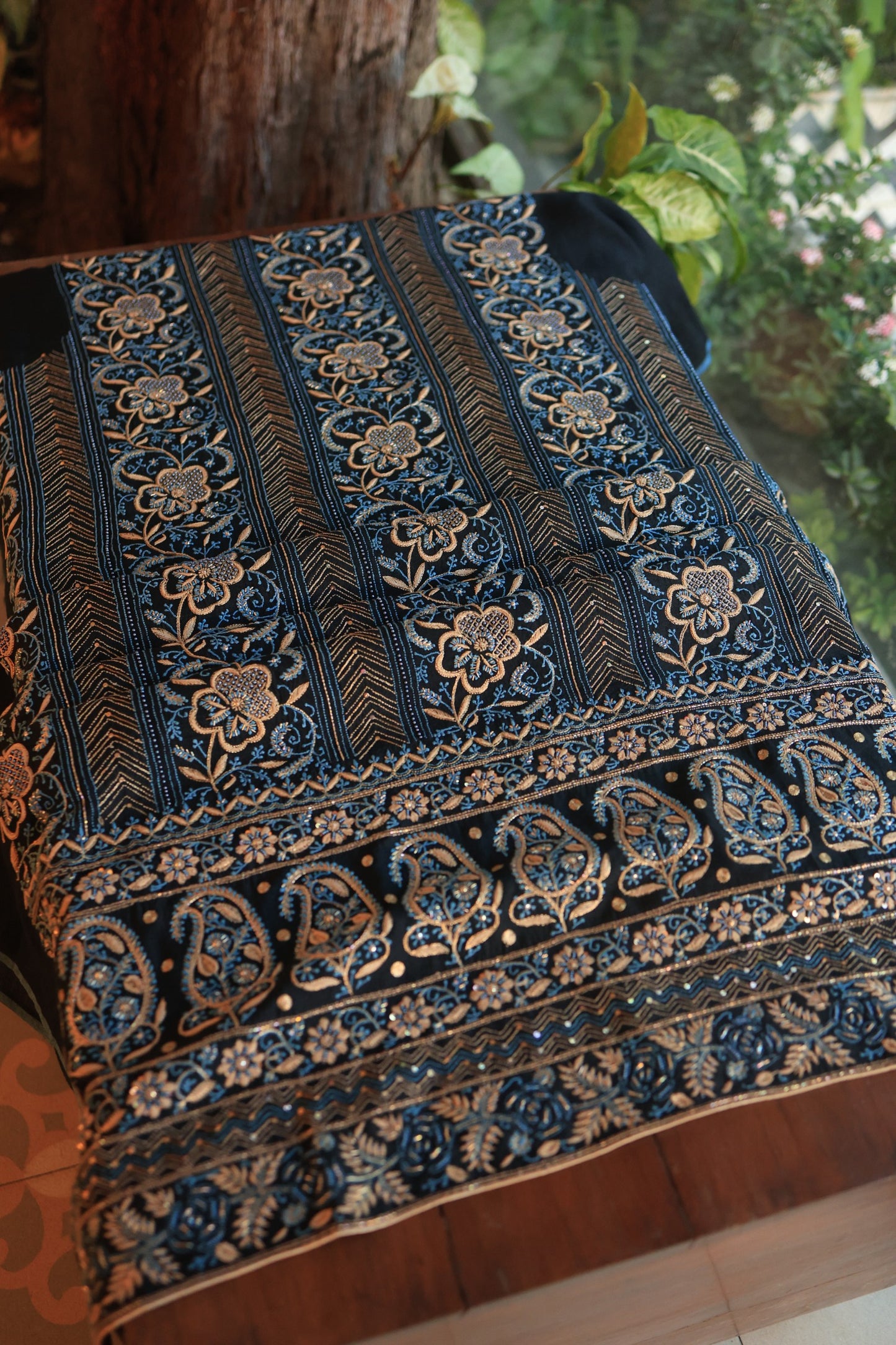 Black Moonga Silk Chikankari Unstitched Fabrics