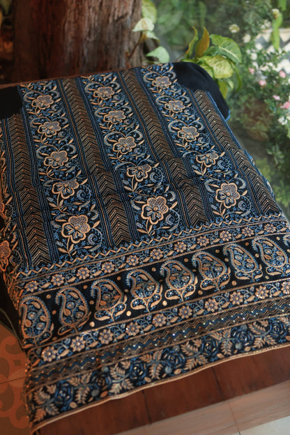 Black Moonga Silk Chikankari Unstitched Fabrics
