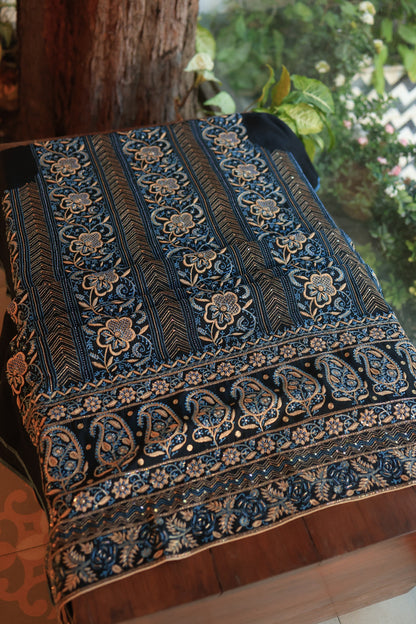 Black Moonga Silk Chikankari Unstitched Fabrics