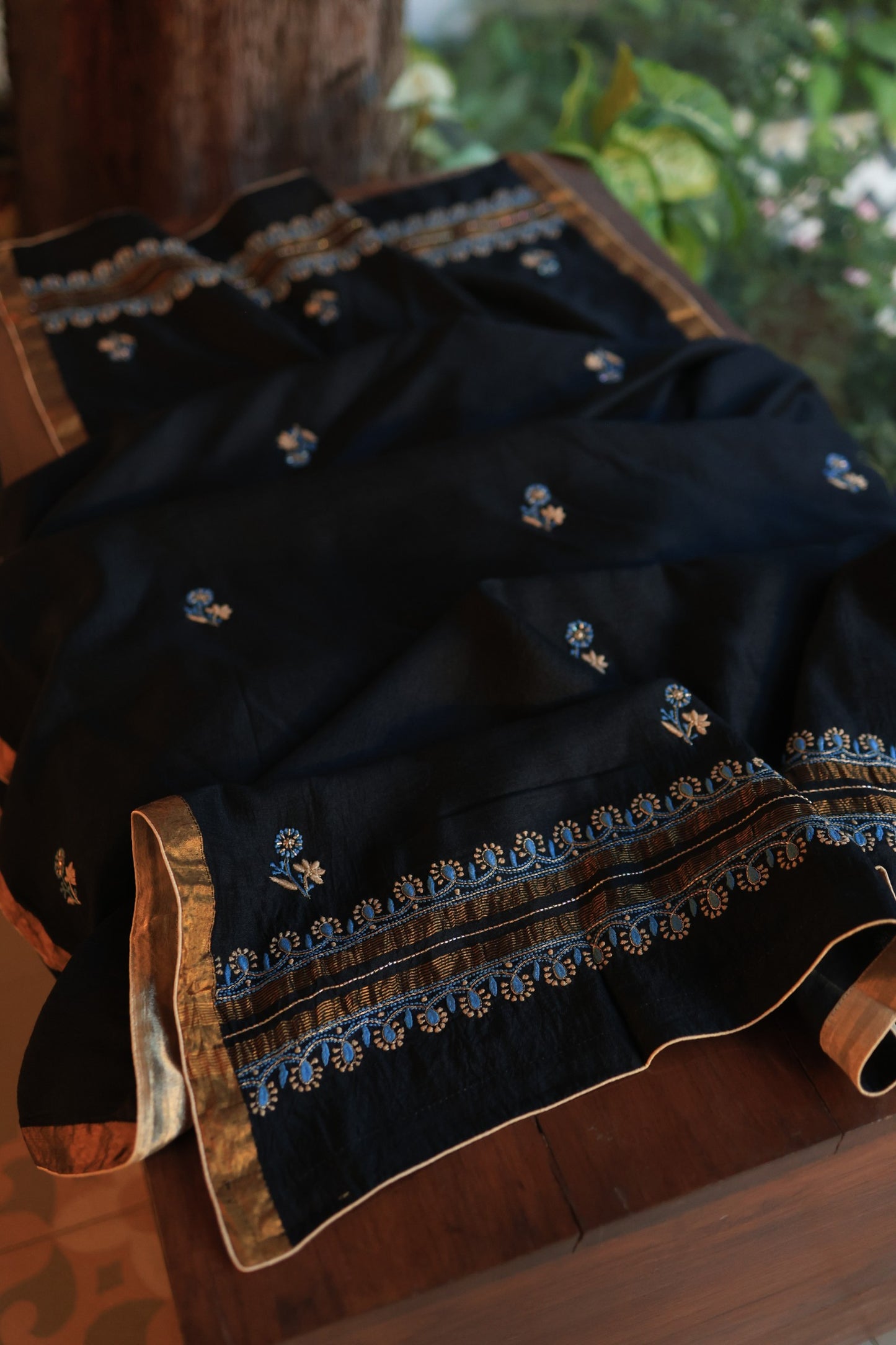 Black Moonga Silk Chikankari Unstitched Fabrics