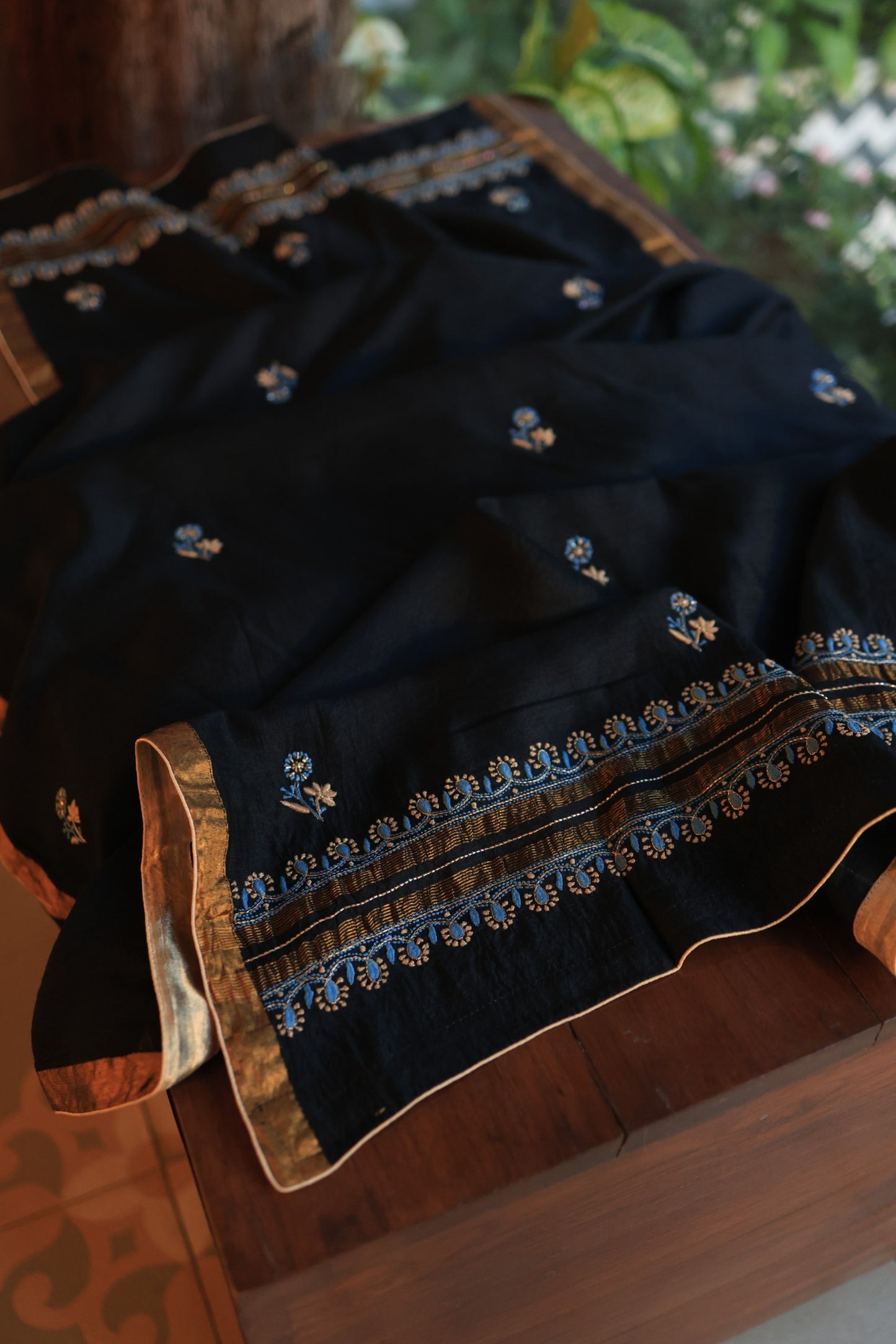 Black Moonga Silk Chikankari Unstitched Fabrics
