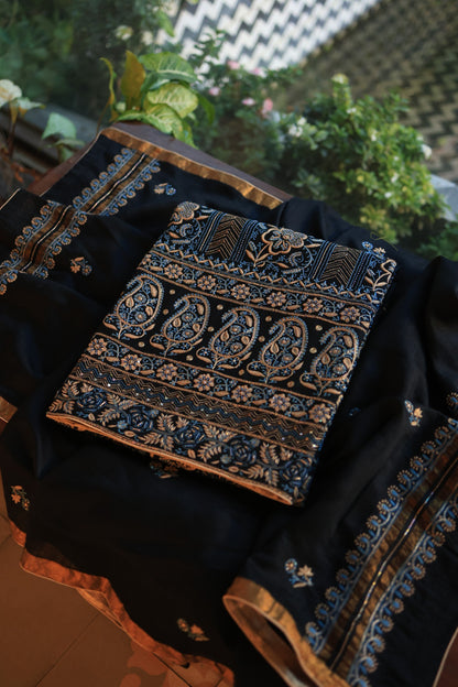 Black Moonga Silk Chikankari Unstitched Fabrics