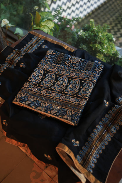 Black Moonga Silk Chikankari Unstitched Fabrics