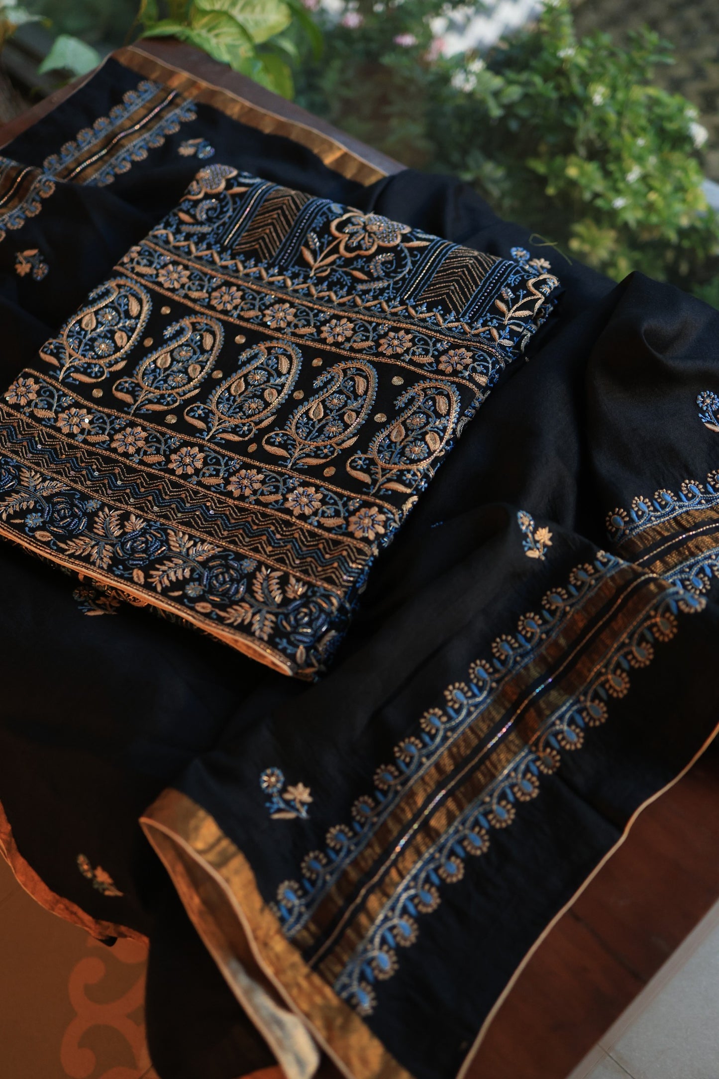 Black Moonga Silk Chikankari Unstitched Fabrics