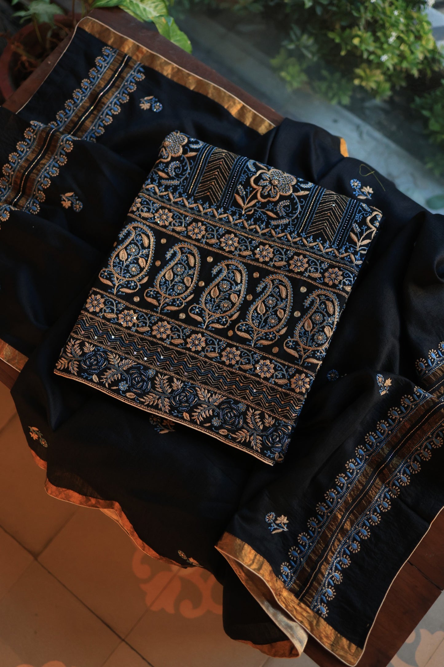 Black Moonga Silk Chikankari Unstitched Fabrics