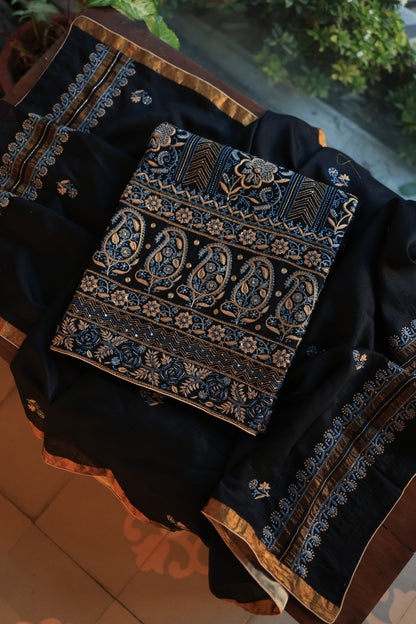 Black Moonga Silk Chikankari Unstitched Fabrics
