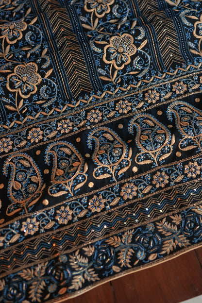 Black Moonga Silk Chikankari Unstitched Fabrics
