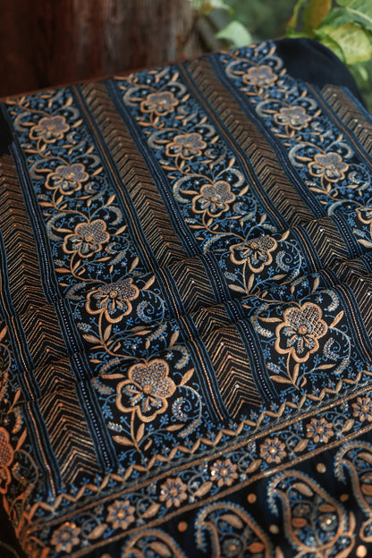 Black Moonga Silk Chikankari Unstitched Fabrics