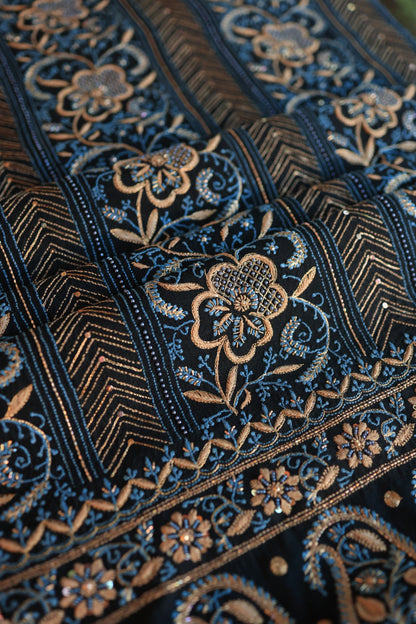 Black Moonga Silk Chikankari Unstitched Fabrics