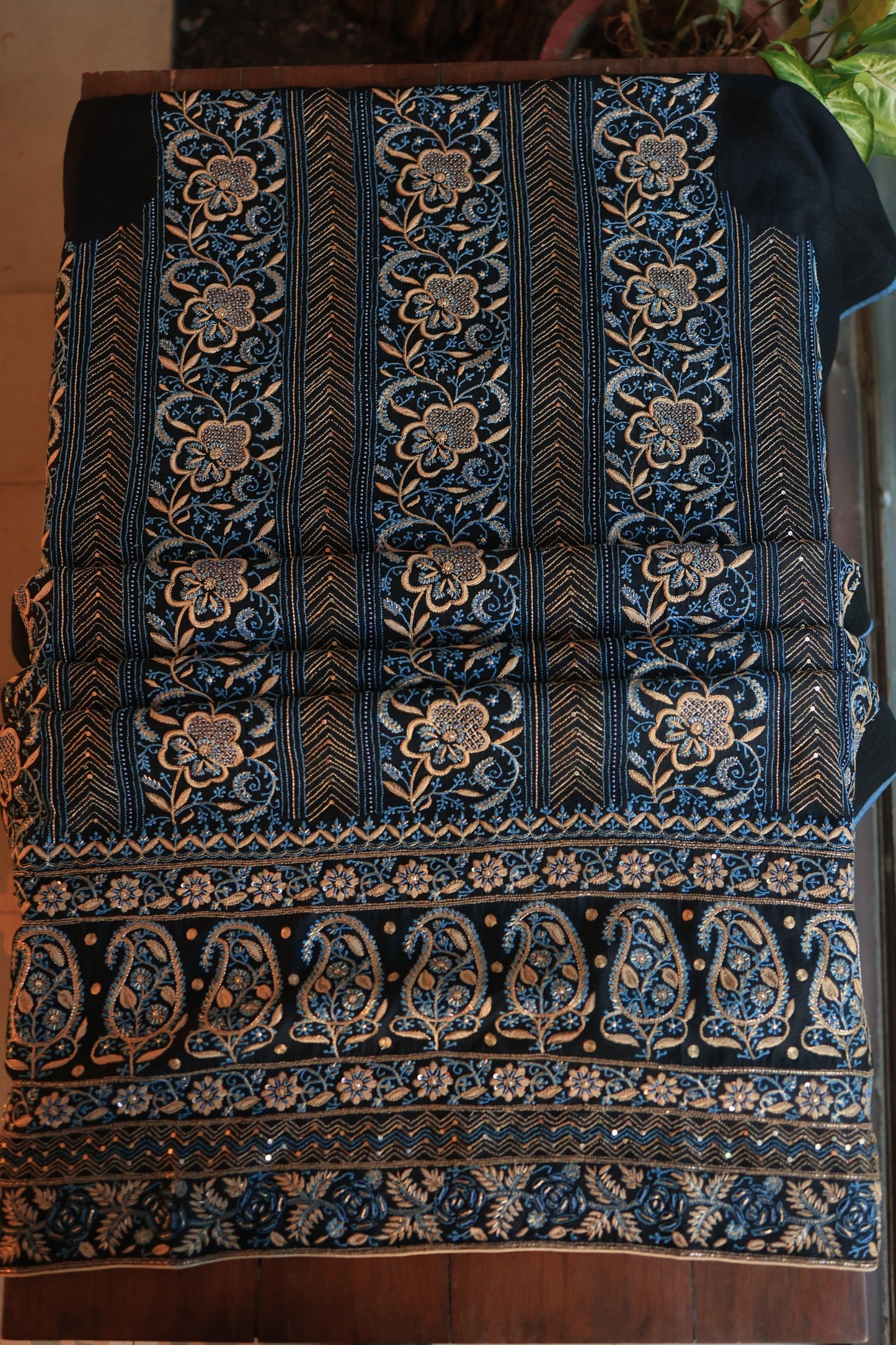 Black Moonga Silk Chikankari Unstitched Fabrics