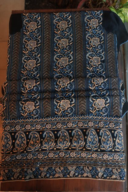 Black Moonga Silk Chikankari Unstitched Fabrics