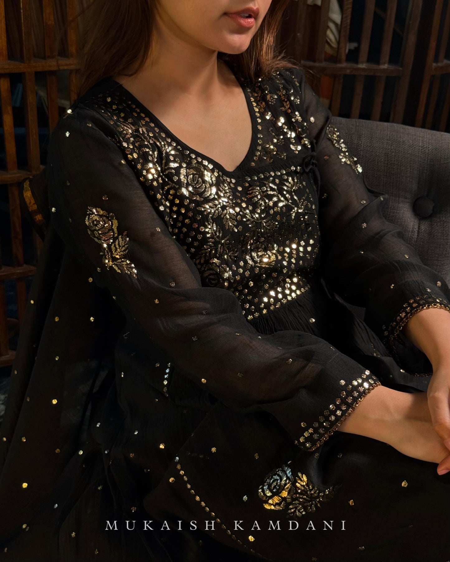 Black Mukaish Kamdani Mul Chanderi Angarkha