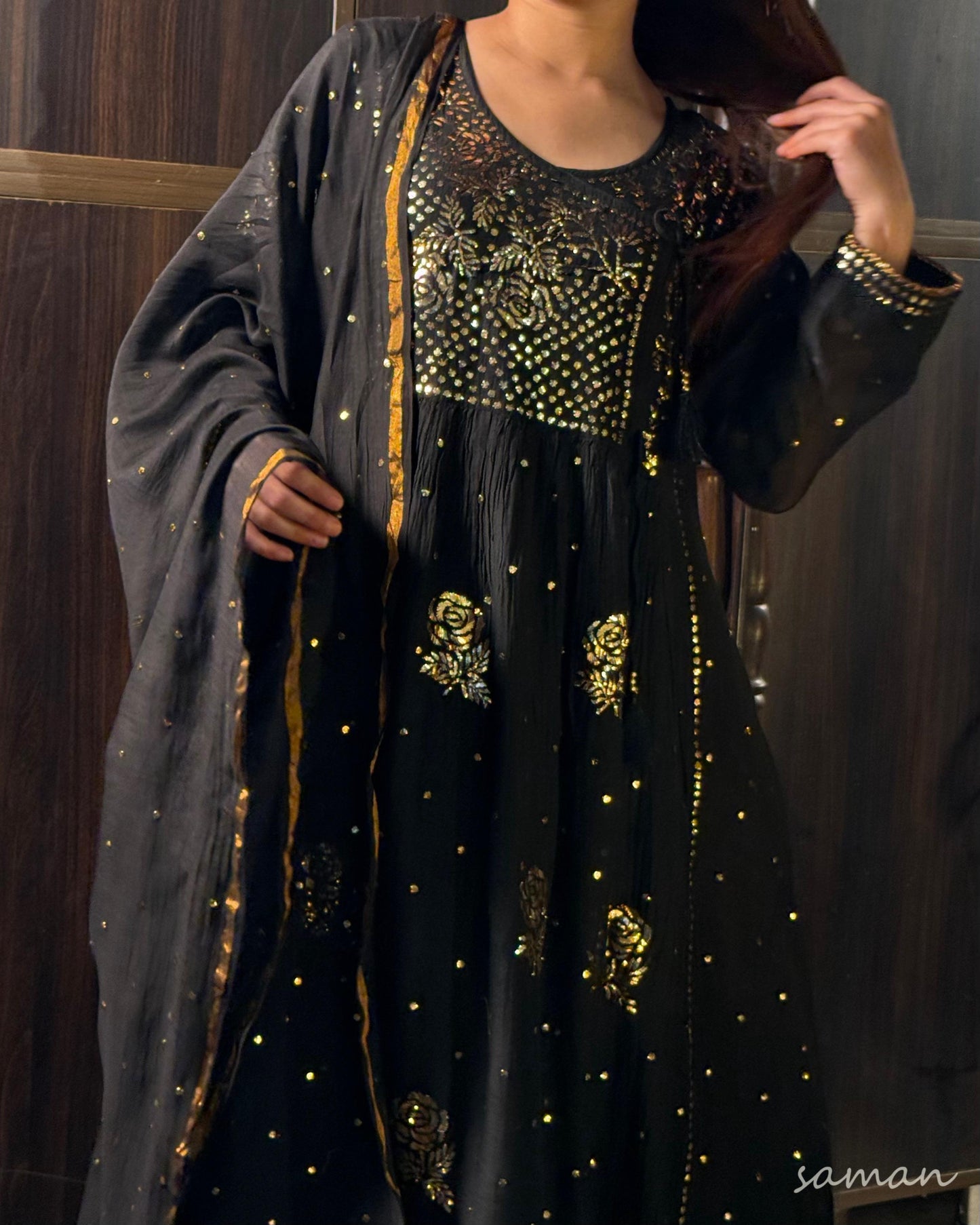Black Mukaish Kamdani Mul Chanderi Angarkha
