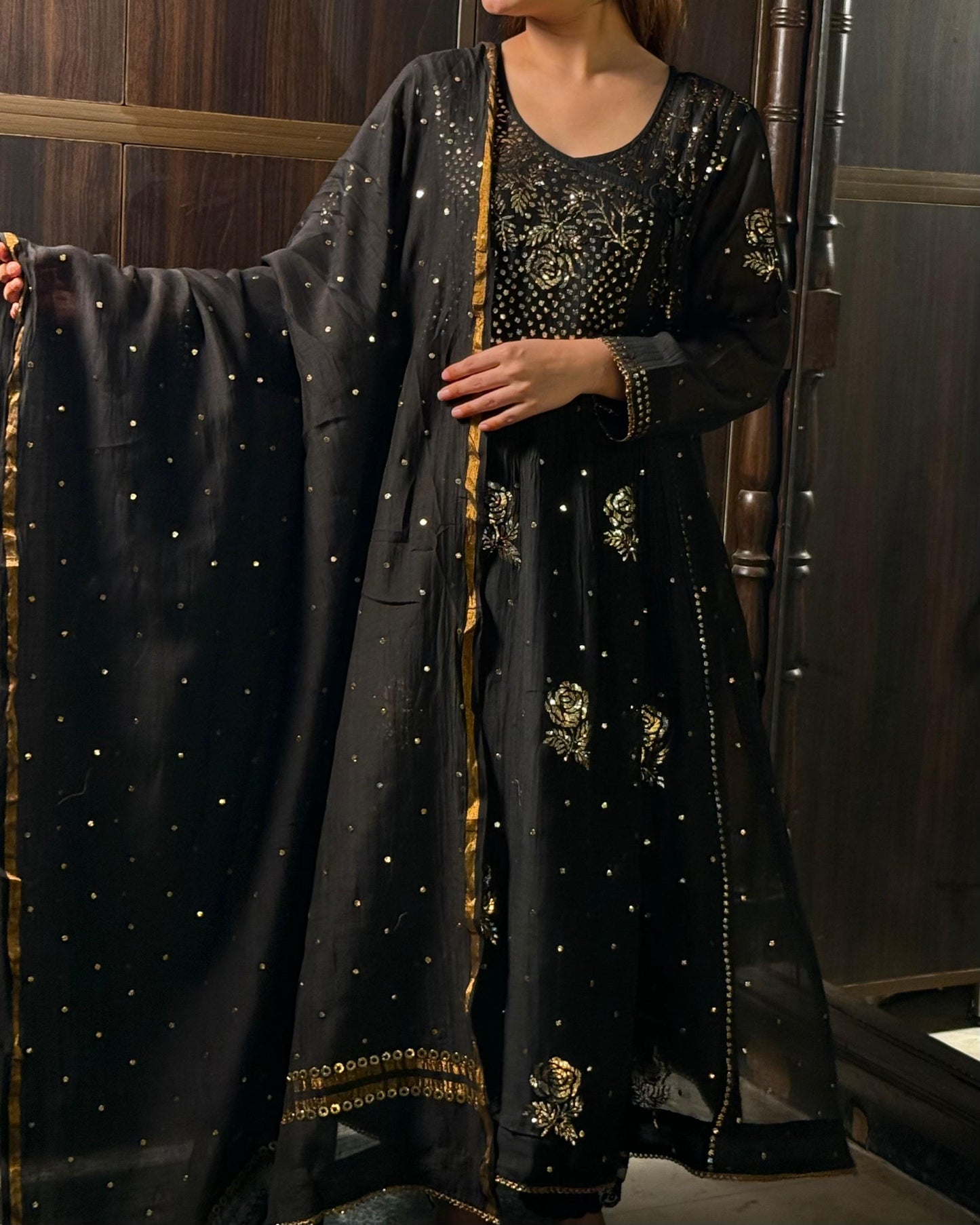 Black Mukaish Kamdani Mul Chanderi Angarkha