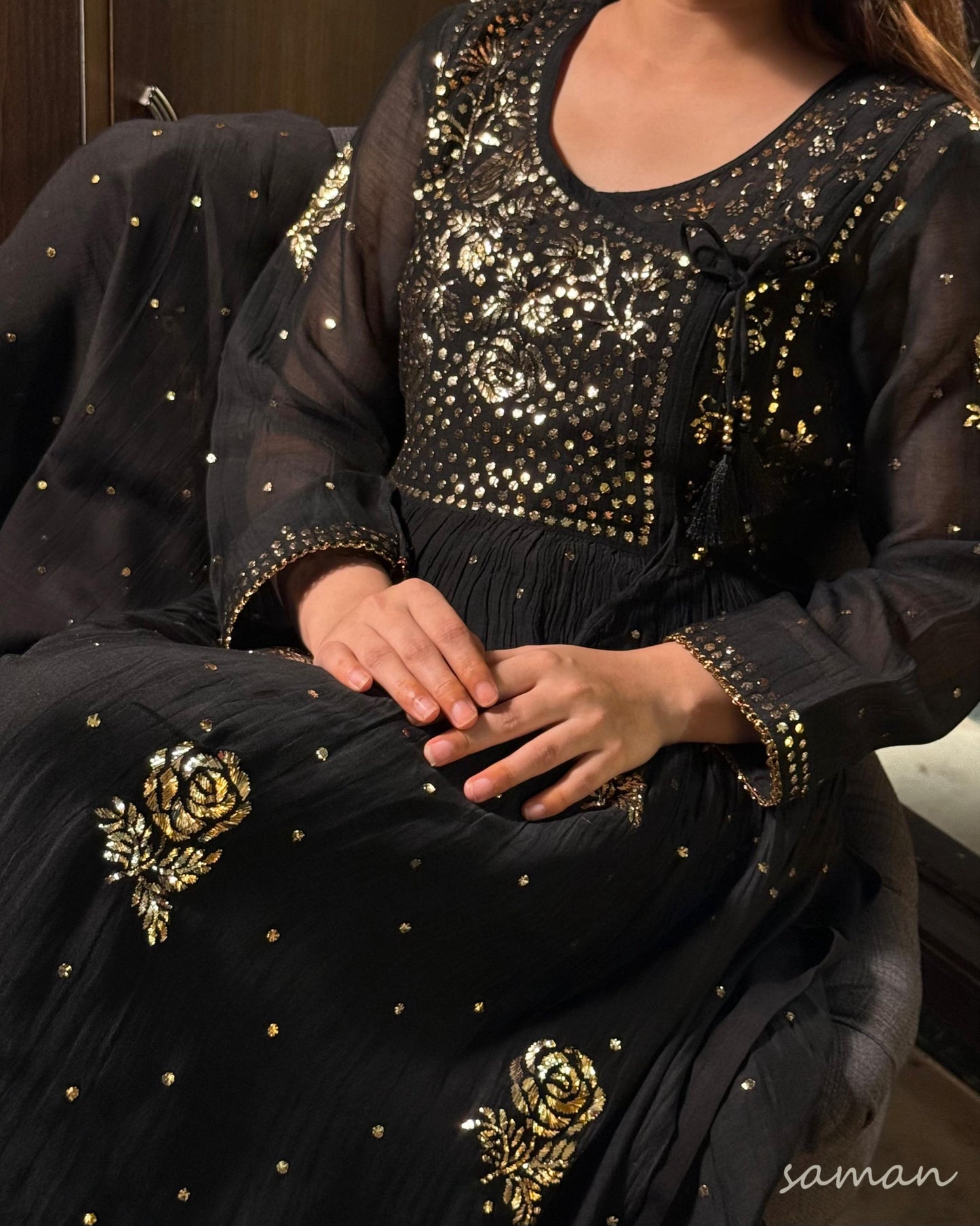 Black Mukaish Kamdani Mul Chanderi Angarkha