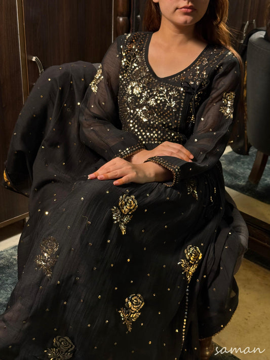 Black Mukaish Kamdani Mul Chanderi Angarkha