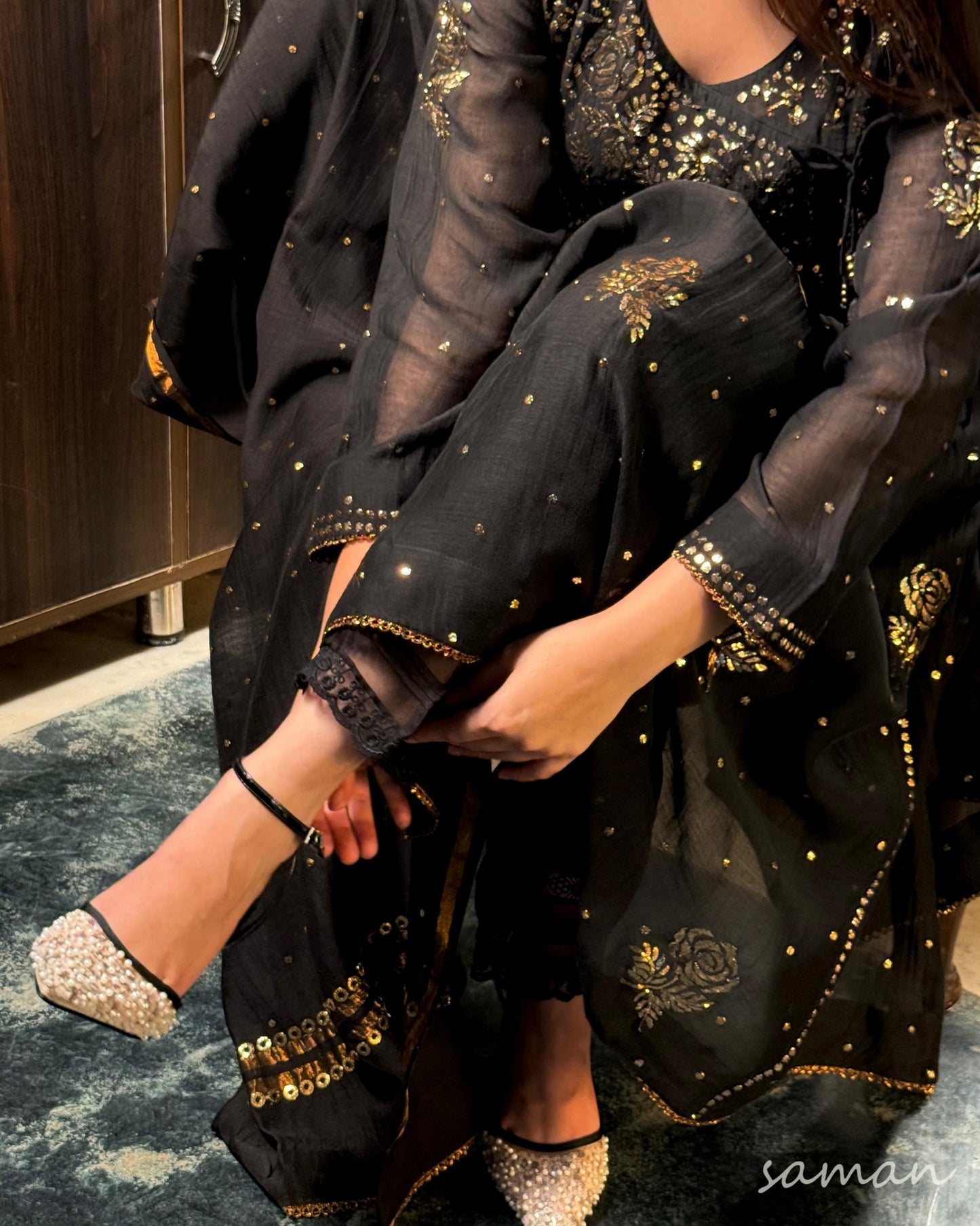 Black Mukaish Kamdani Mul Chanderi Angarkha