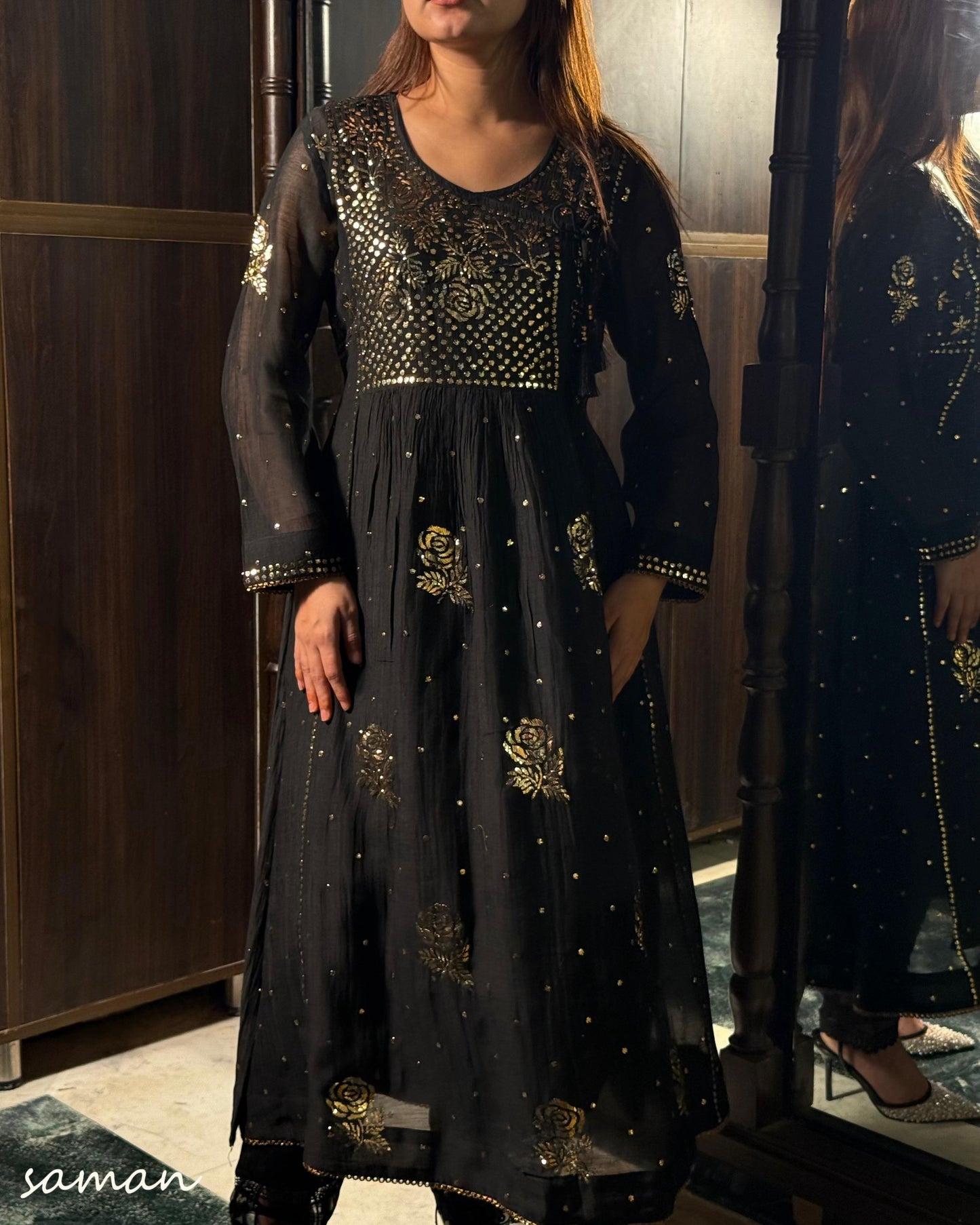 Black Mukaish Kamdani Mul Chanderi Angarkha