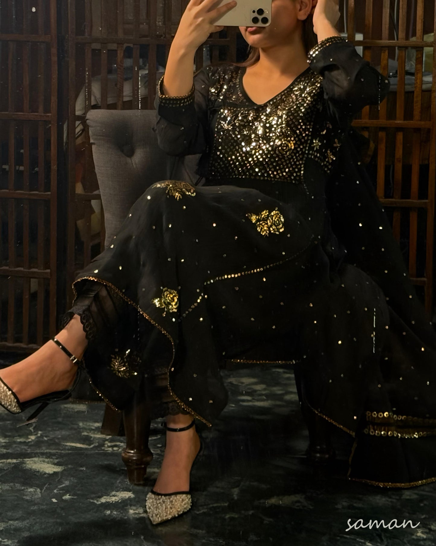 Black Mukaish Kamdani Mul Chanderi Angarkha