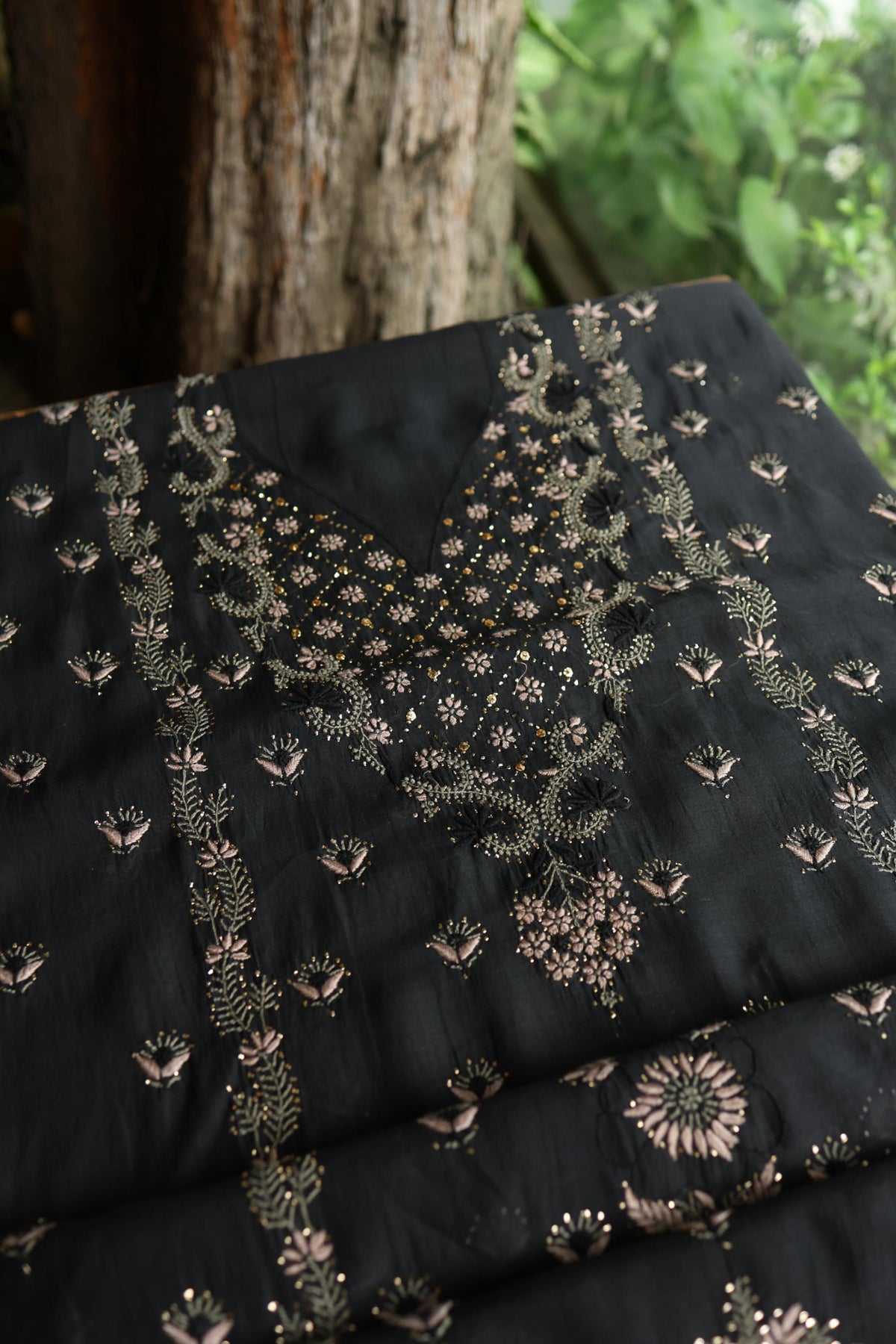 Black Mul Chanderi Silk Kalamkari Unstitched Kurta Dupatta Set