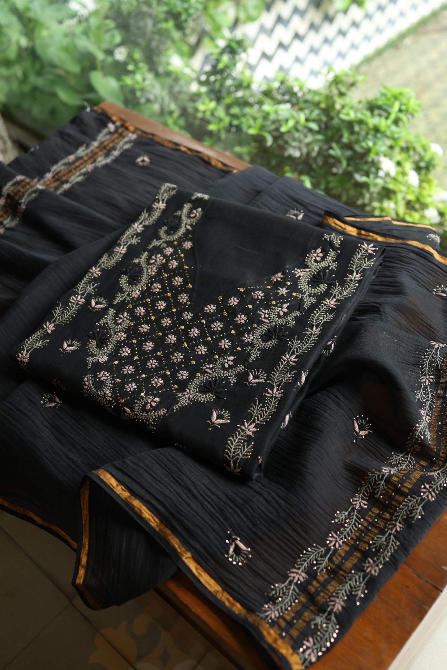 Black Mul Chanderi Silk Kalamkari Unstitched Kurta Dupatta Set