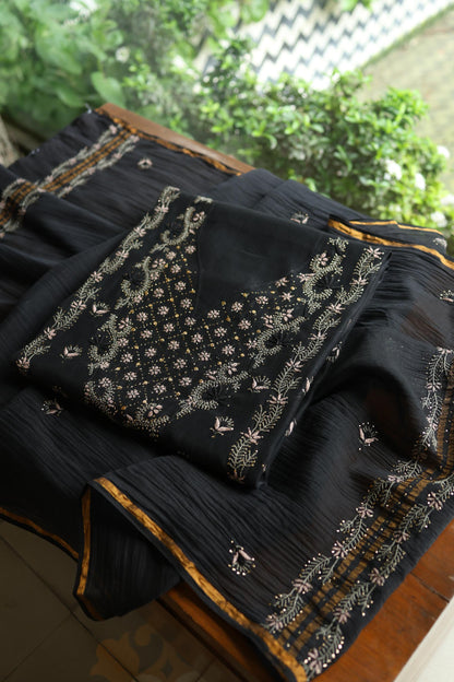 Black Mul Chanderi Silk Kalamkari Unstitched Kurta Dupatta Set