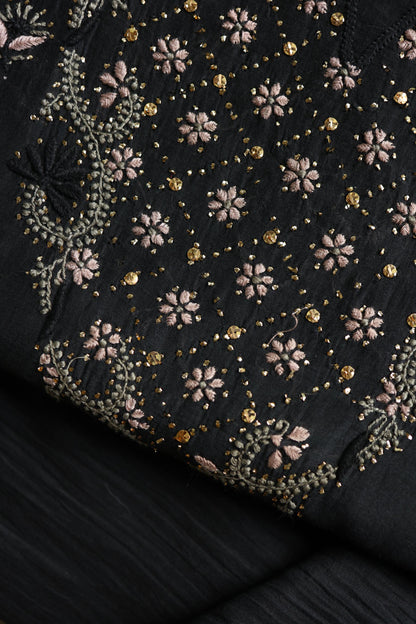 Black Mul Chanderi Silk Kalamkari Unstitched Kurta Dupatta Set