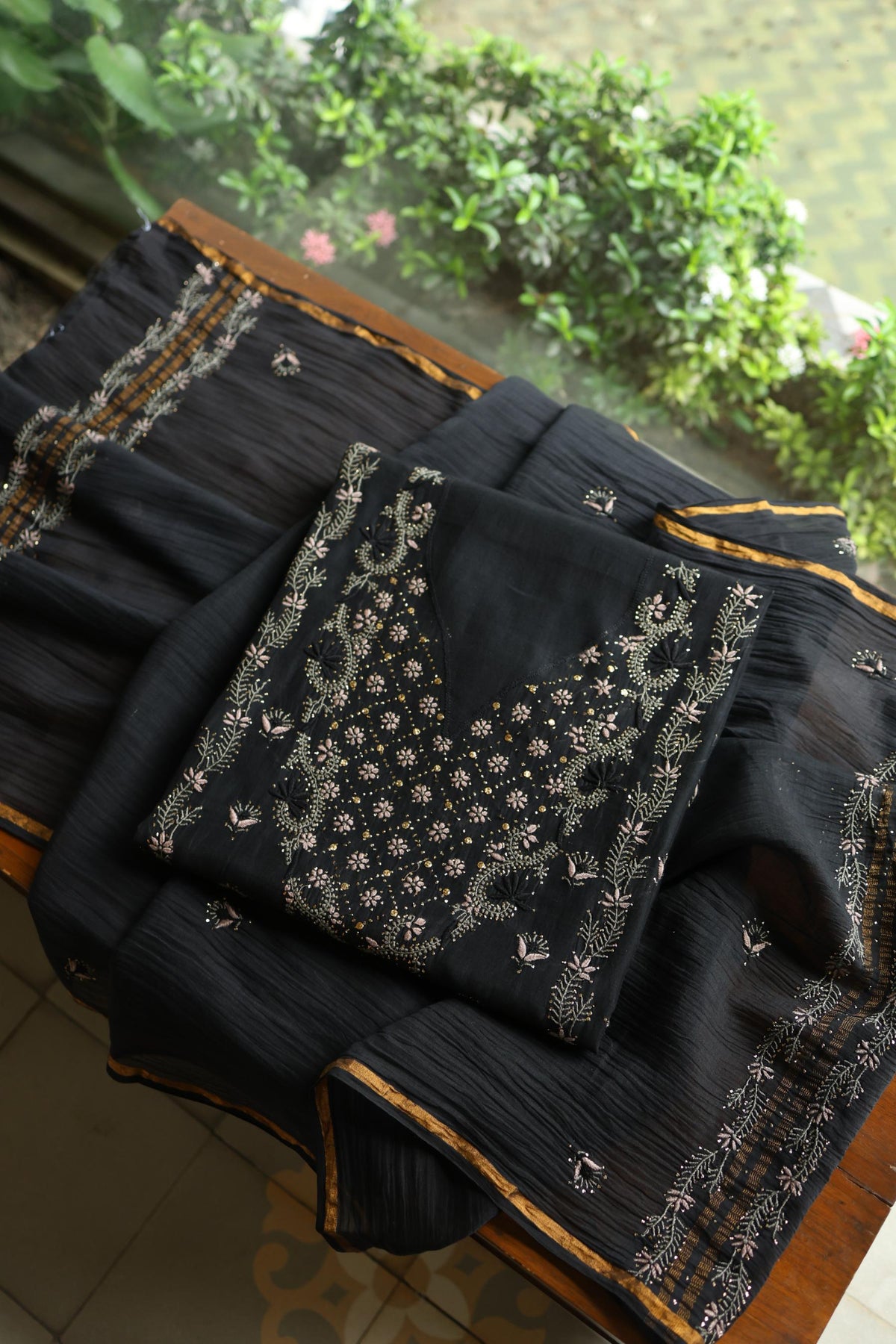 Black Mul Chanderi Silk Kalamkari Unstitched Kurta Dupatta Set