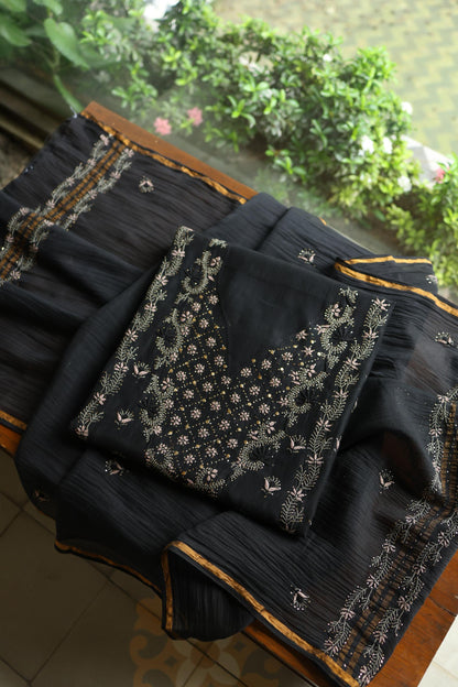 Black Mul Chanderi Silk Kalamkari Unstitched Kurta Dupatta Set