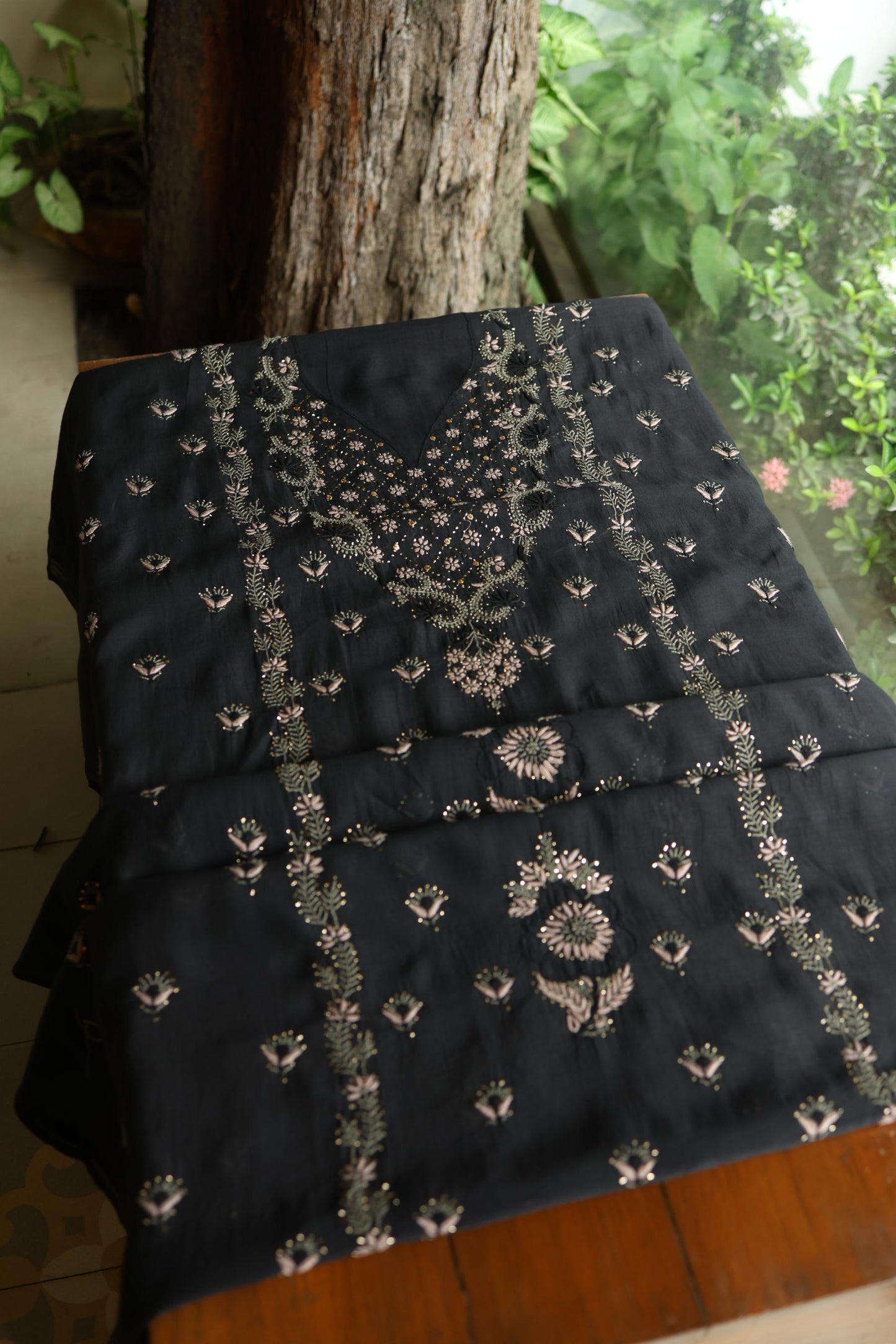Black Mul Chanderi Silk Kalamkari Unstitched Kurta Dupatta Set