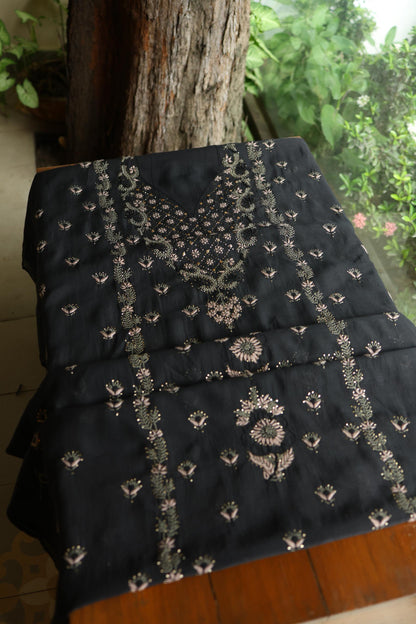 Black Mul Chanderi Silk Kalamkari Unstitched Kurta Dupatta Set