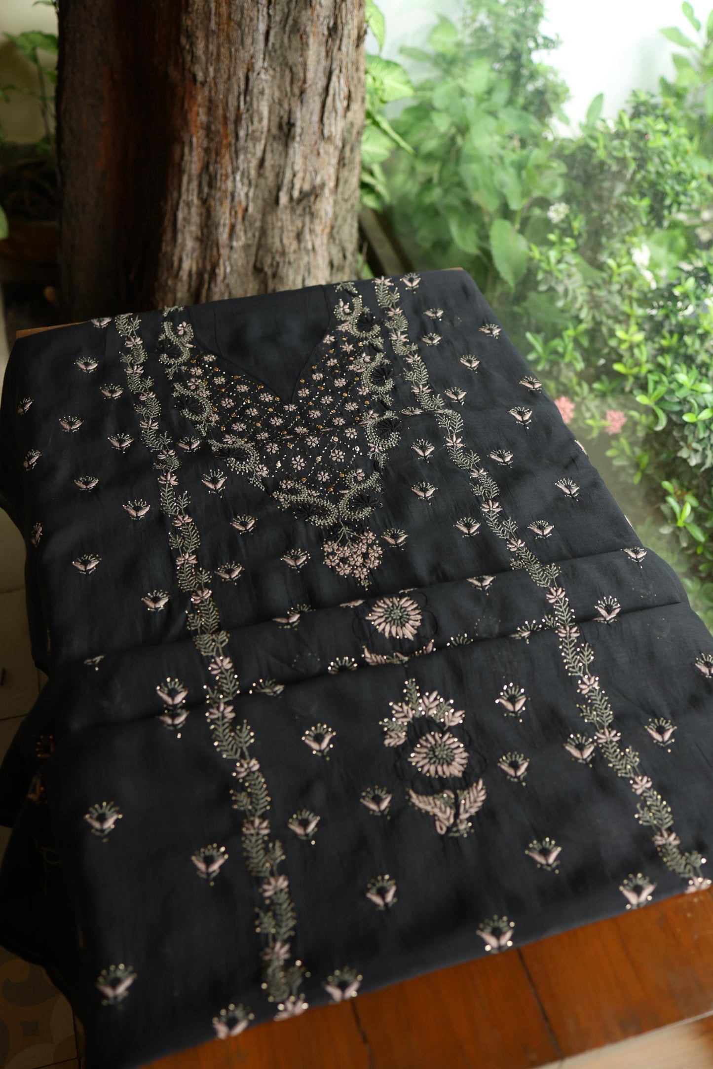 Black Mul Chanderi Silk Kalamkari Unstitched Kurta Dupatta Set