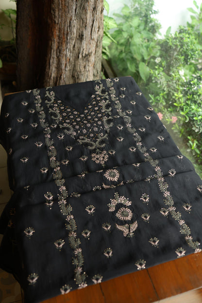 Black Mul Chanderi Silk Kalamkari Unstitched Kurta Dupatta Set