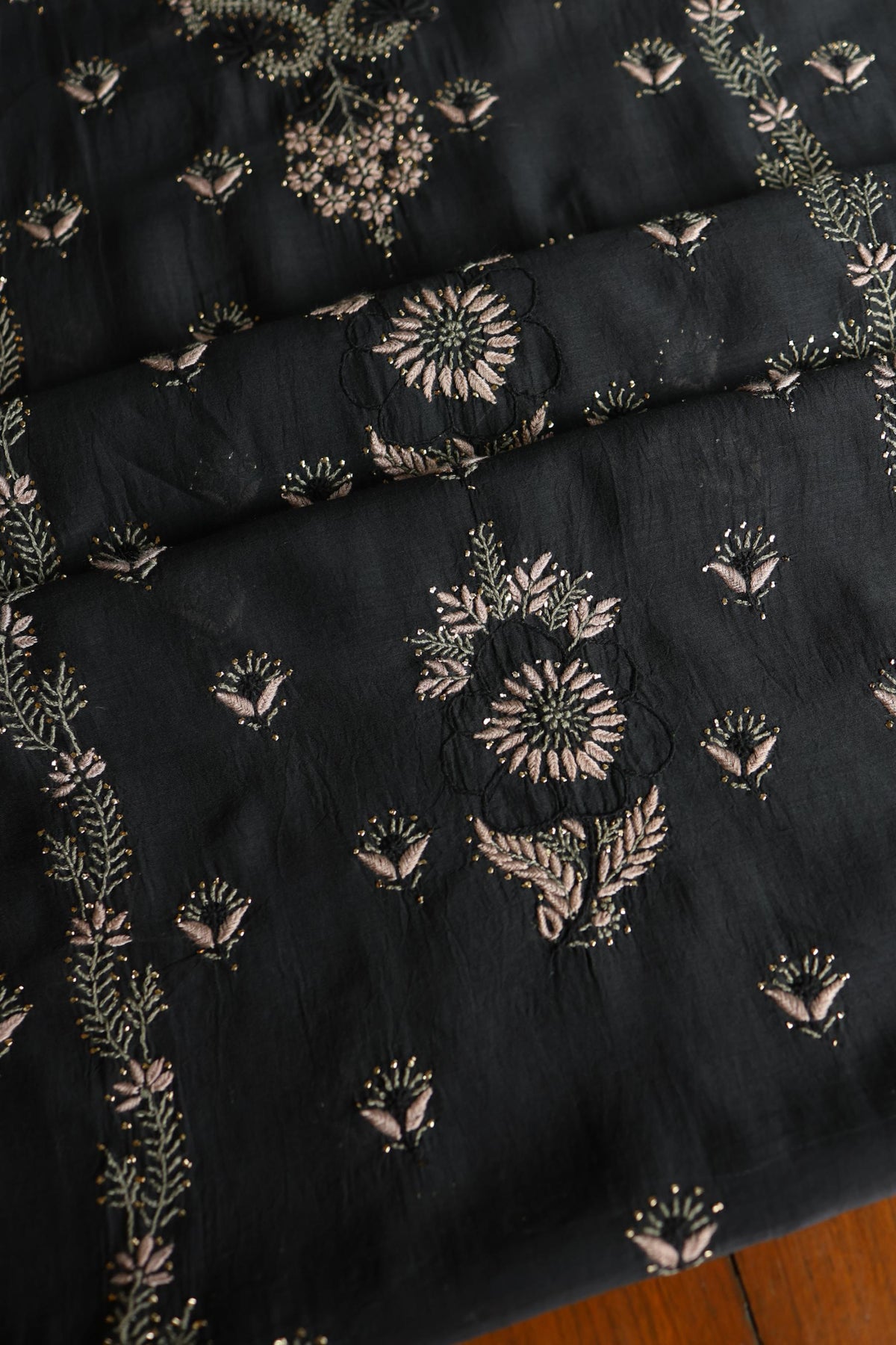 Black Mul Chanderi Silk Kalamkari Unstitched Kurta Dupatta Set