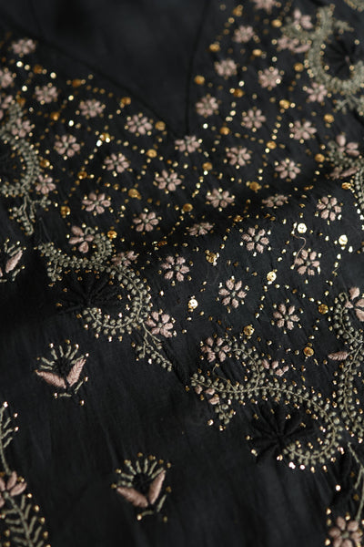 Black Mul Chanderi Silk Kalamkari Unstitched Kurta Dupatta Set