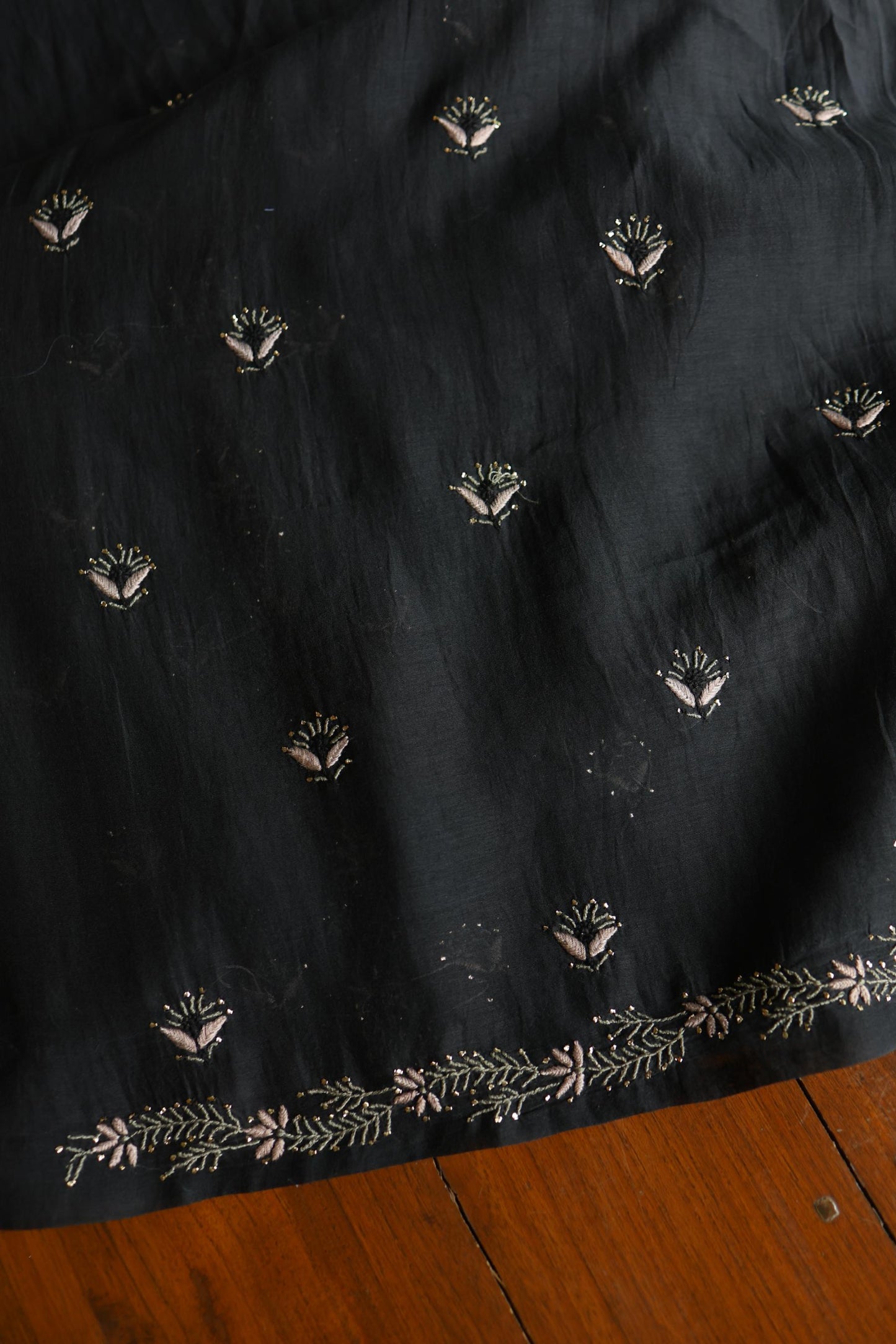 Black Mul Chanderi Silk Kalamkari Unstitched Kurta Dupatta Set