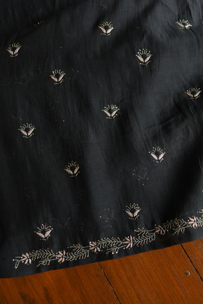 Black Mul Chanderi Silk Kalamkari Unstitched Kurta Dupatta Set