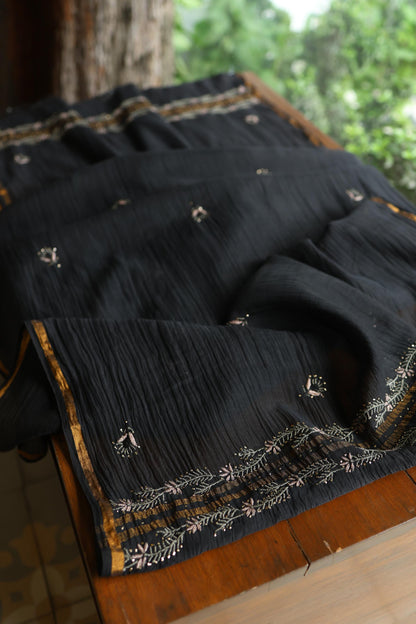 Black Mul Chanderi Silk Kalamkari Unstitched Kurta Dupatta Set