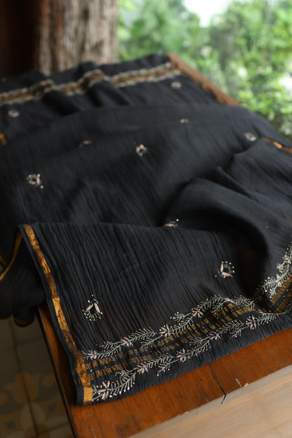 Black Mul Chanderi Silk Kalamkari Unstitched Kurta Dupatta Set
