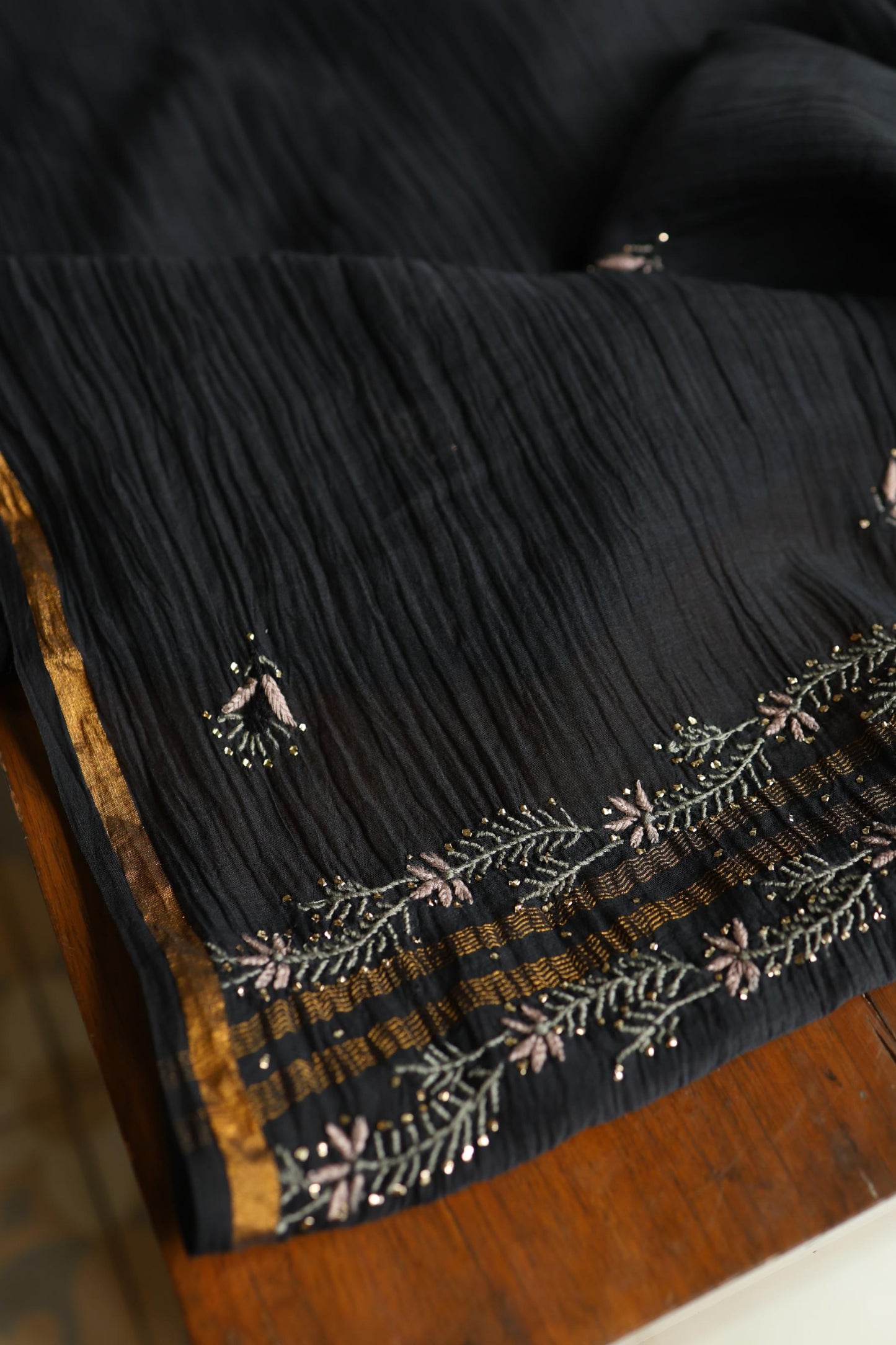 Black Mul Chanderi Silk Kalamkari Unstitched Kurta Dupatta Set