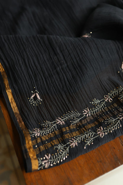 Black Mul Chanderi Silk Kalamkari Unstitched Kurta Dupatta Set