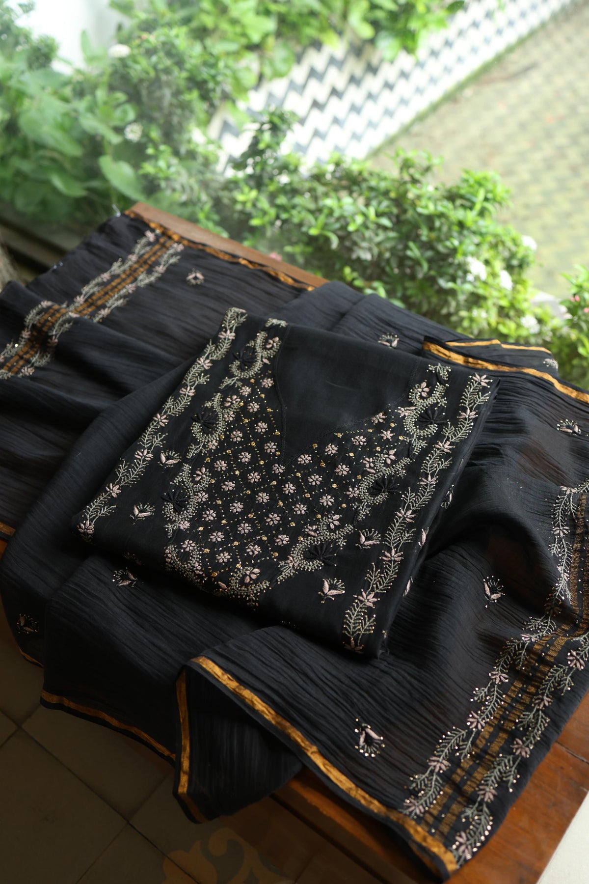Black Mul Chanderi Silk Kalamkari Unstitched Kurta Dupatta Set