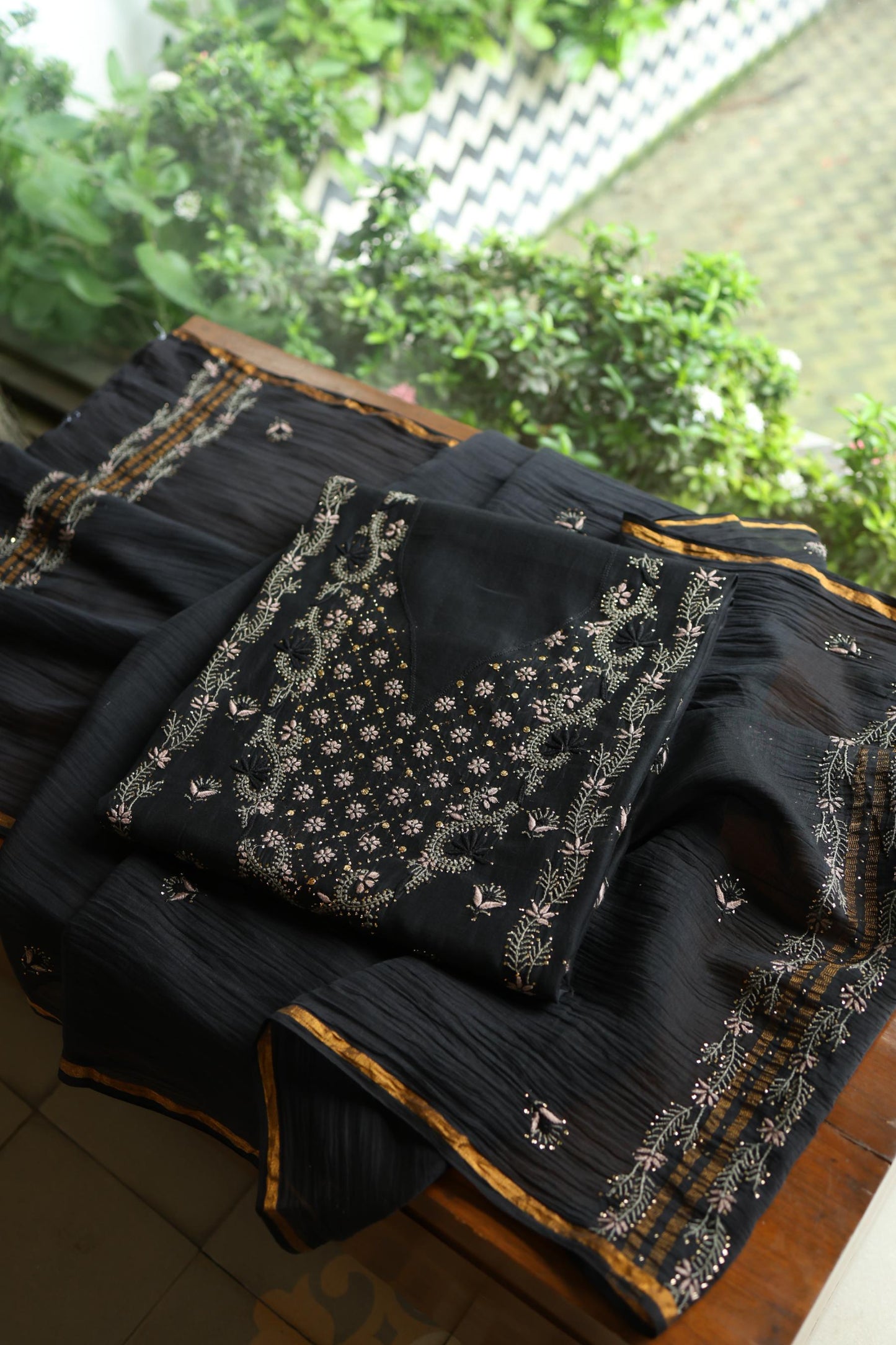 Black Mul Chanderi Silk Kalamkari Unstitched Kurta Dupatta Set