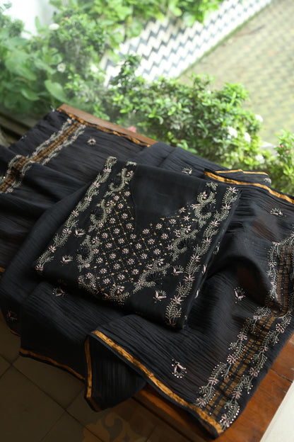 Black Mul Chanderi Silk Kalamkari Unstitched Kurta Dupatta Set