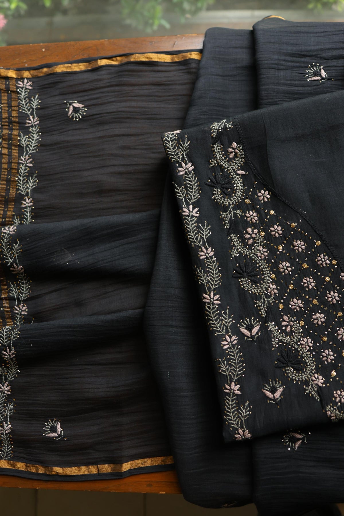 Black Mul Chanderi Silk Kalamkari Unstitched Kurta Dupatta Set