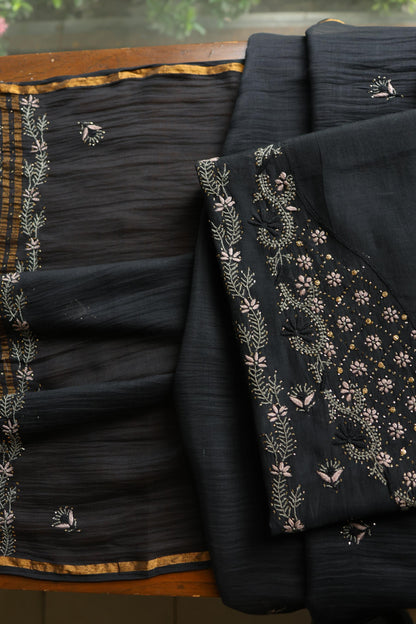 Black Mul Chanderi Silk Kalamkari Unstitched Kurta Dupatta Set