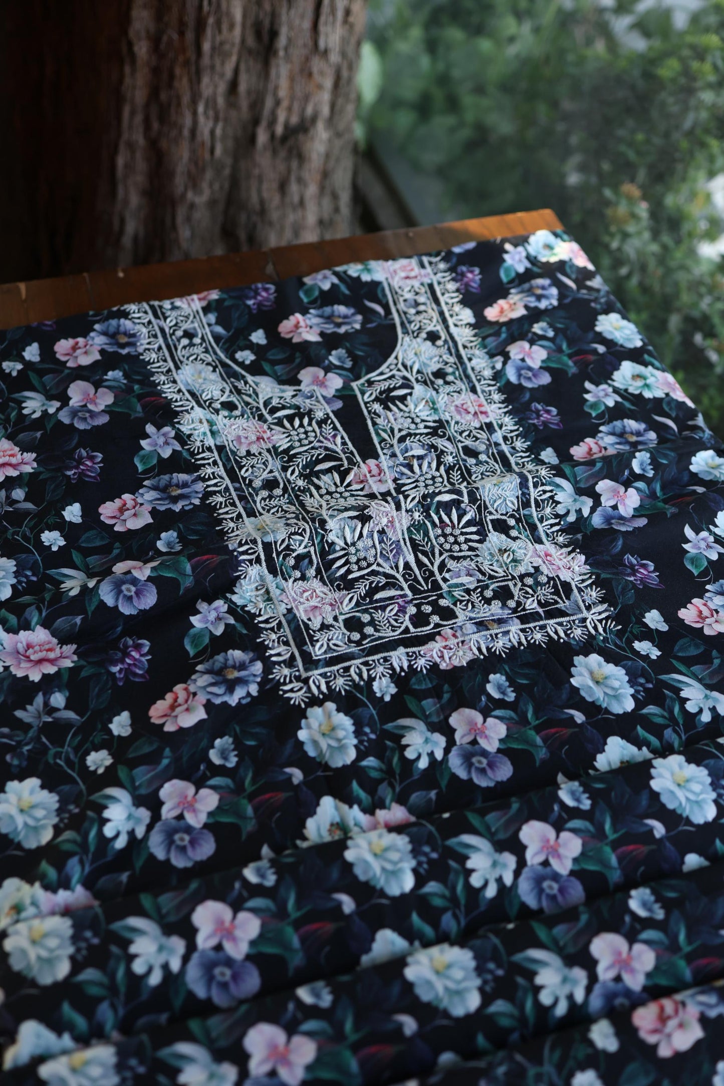 Black Multi Kurta Fabric with Chikankari Embroidered Neckline