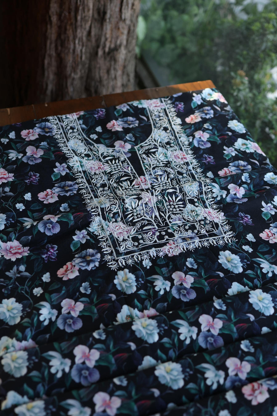 Black Multi Kurta Fabric with Chikankari Embroidered Neckline