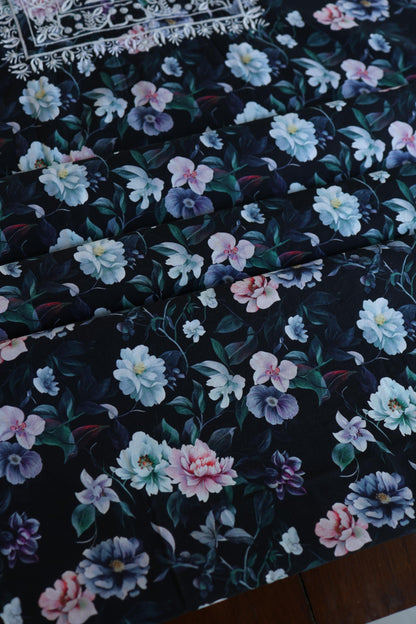 Black Multi Kurta Fabric with Chikankari Embroidered Neckline