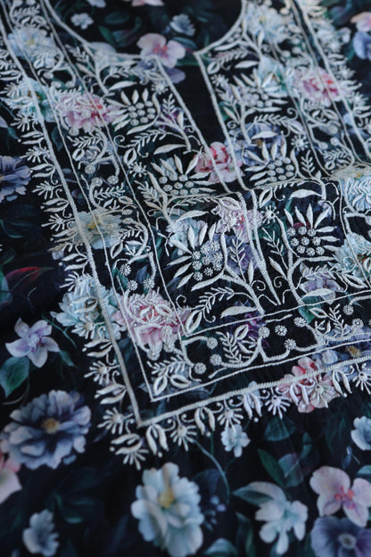 Black Multi Kurta Fabric with Chikankari Embroidered Neckline